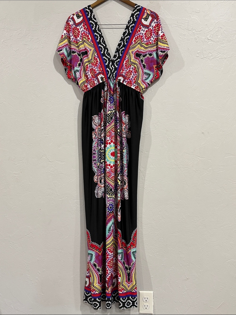 bailey blue Bohemian Black Maxi Dress with Multicolor Paisley Print- Size Large